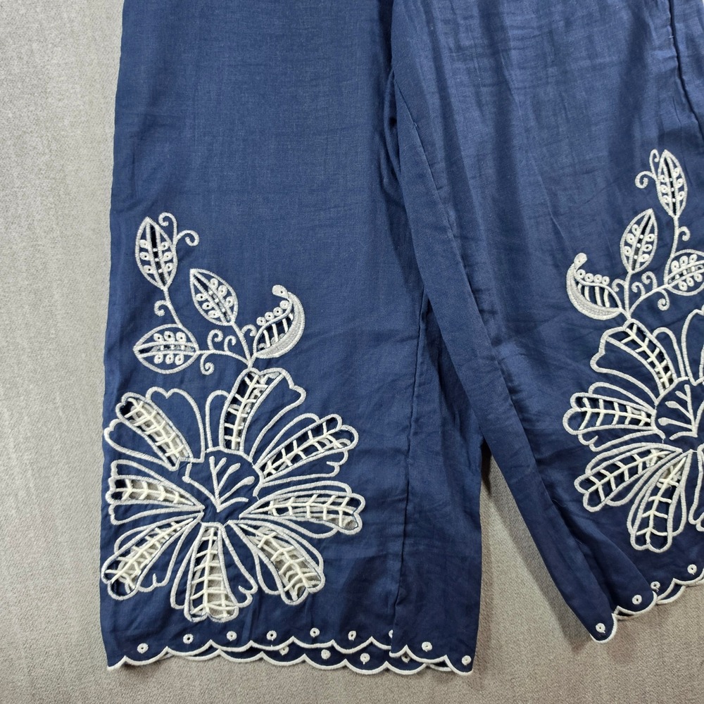 Christian Siriano Pants Womens Medium Blue Linen Blend Embroidered Eyelet Crop - Picture 14 of 16